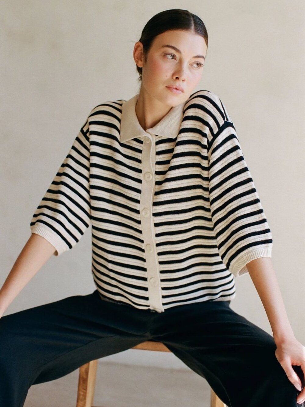 a.ren Black White Striped Knit Cotton Half Sleeve Regular Collar Button Down Top
